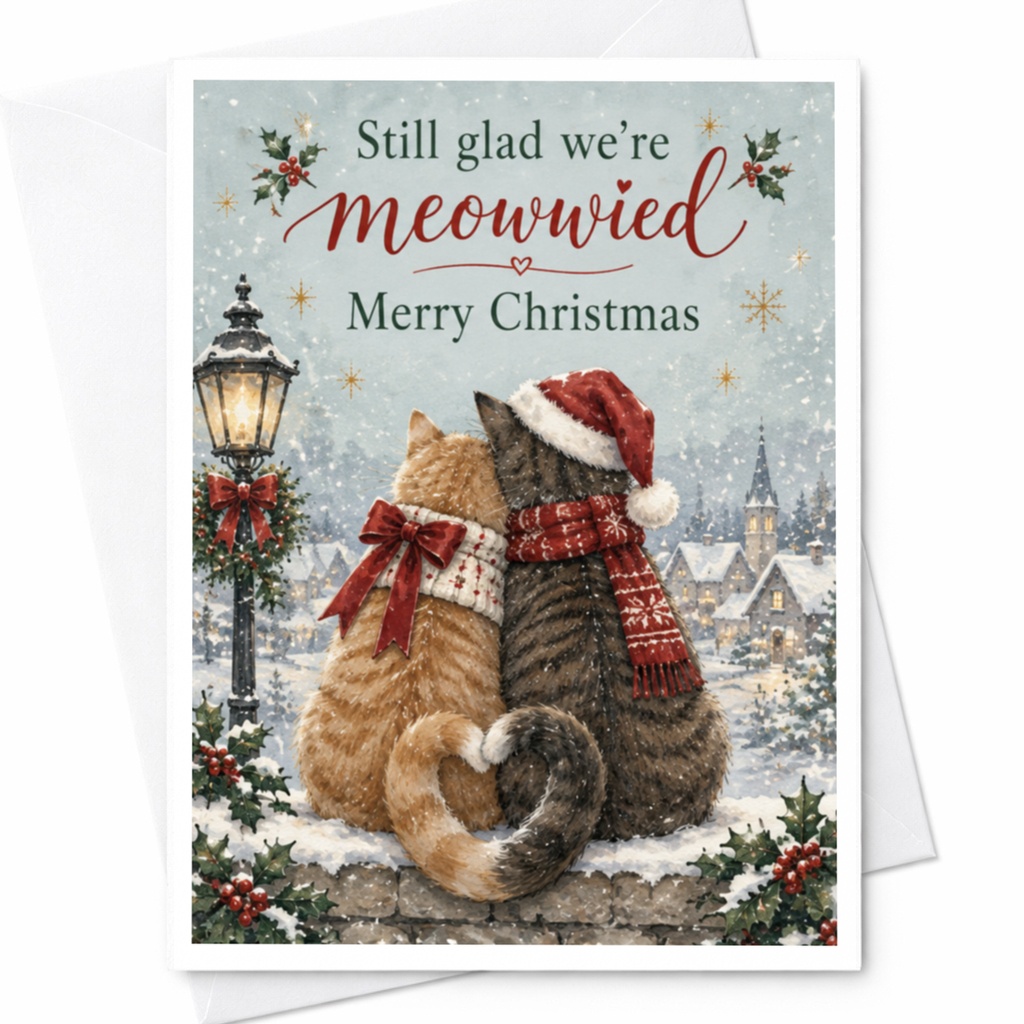 Still Glad We're Meowwried Merry Christmas Card Cute Cat Couple Holiday Greeting Card For Cat Lovers Romantic Xmas Card C8206