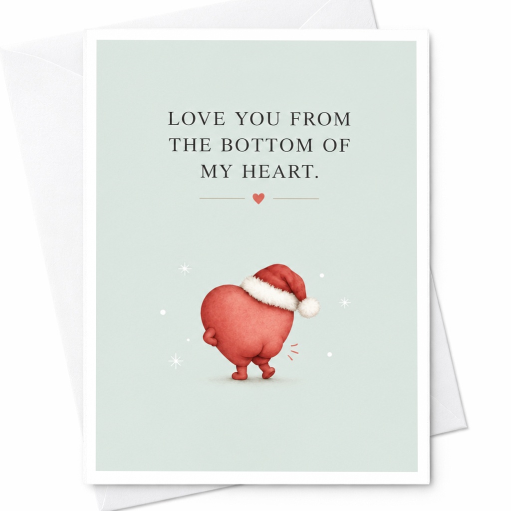 Love You From The Bottom Of My Heart Christmas Card Cute Heart With Santa Hat Holiday Greeting Card For Loved One C8143