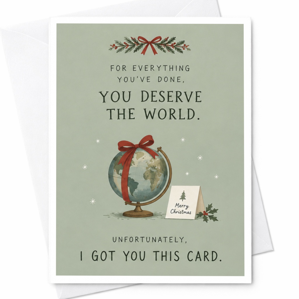 For Everything You've Done, You Deserve The World Christmas Card Funny Holiday Greeting For Friend Family Cute Globe C8149