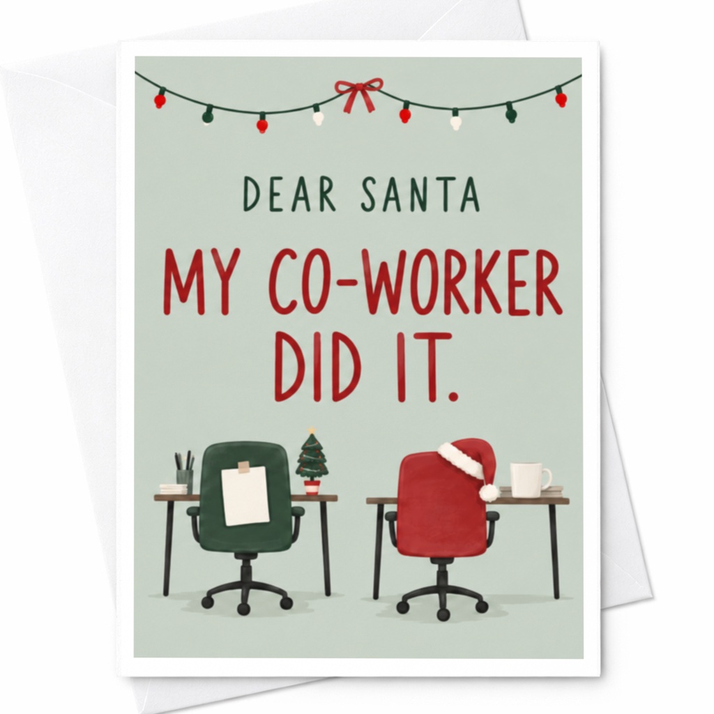 Dear Santa My Co-Worker Did It. Funny Christmas Card Office Holiday Greeting Card For Co-Worker Workplace Xmas Card C8214