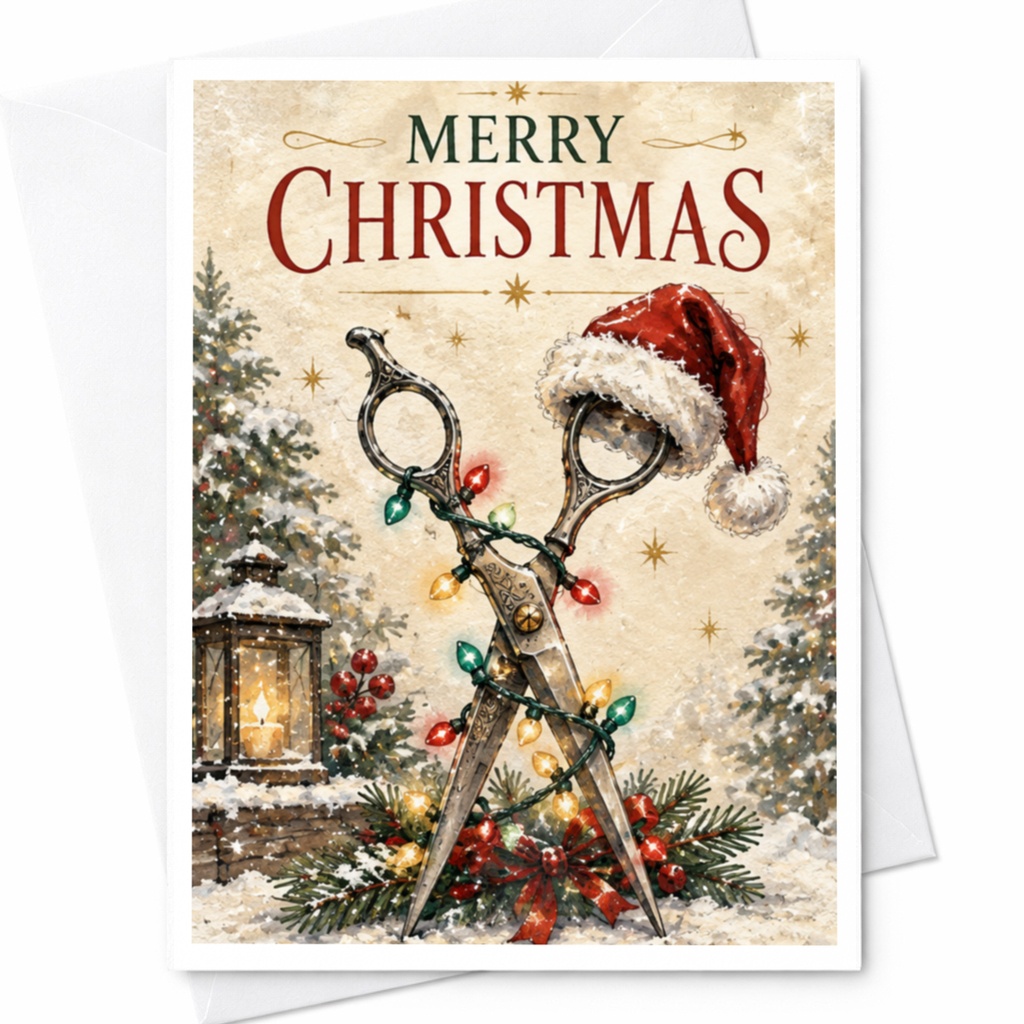 Merry Christmas Festive Scissors Card Christmas Card For Hairdresser Barber Holiday Greeting Card With Santa Hat Lights C8221