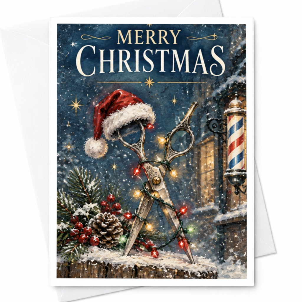Merry Christmas Barber Themed Christmas Card Scissors Santa Hat Lights Holiday Greeting Card For Hairdresser Festive C8222