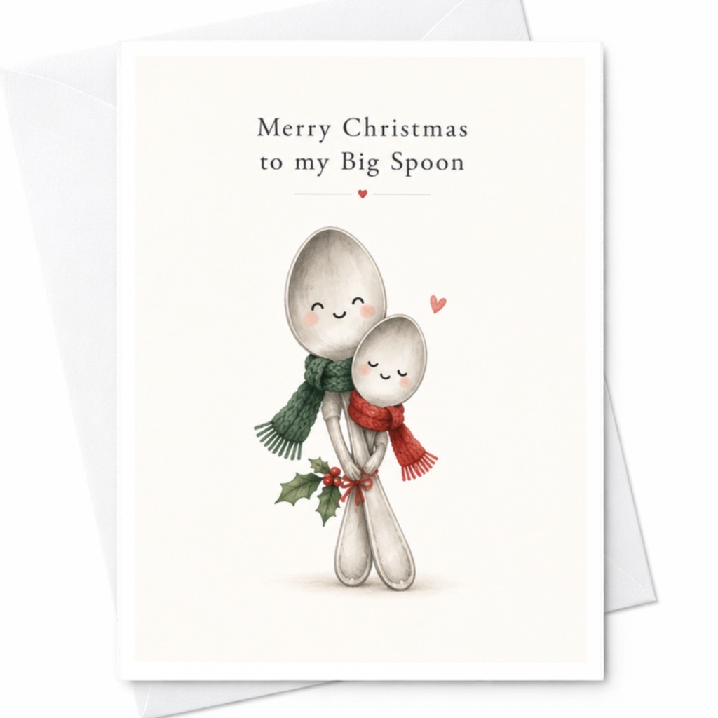 Merry Christmas To My Big Spoon Cute Christmas Card Romantic Holiday Greeting Card For Partner Adorable Spoons Illustration C8224