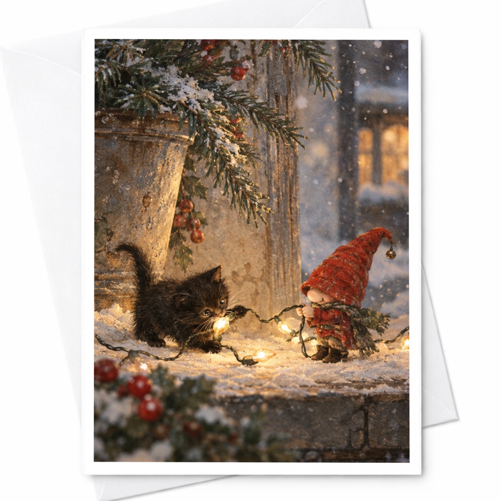 Kitten And Gnome Christmas Card Cute Holiday Greeting Card Winter Scene For Cat Lover Festive Lights Snowy Setting C8232