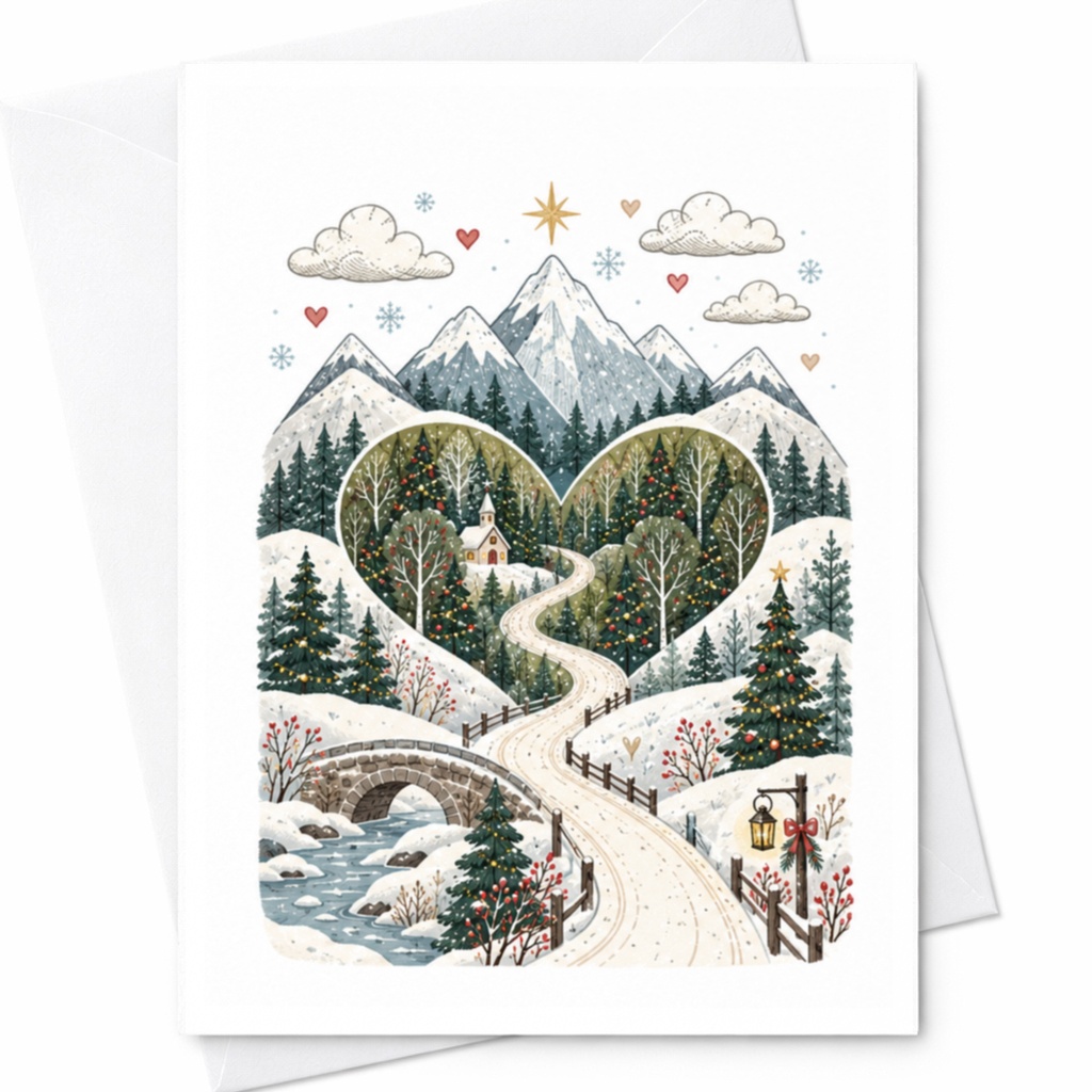 Winter Mountain Scene Christmas Card Heart-Shaped Forest Holiday Greeting Card For Nature Lover Festive Snowy Landscape C8234