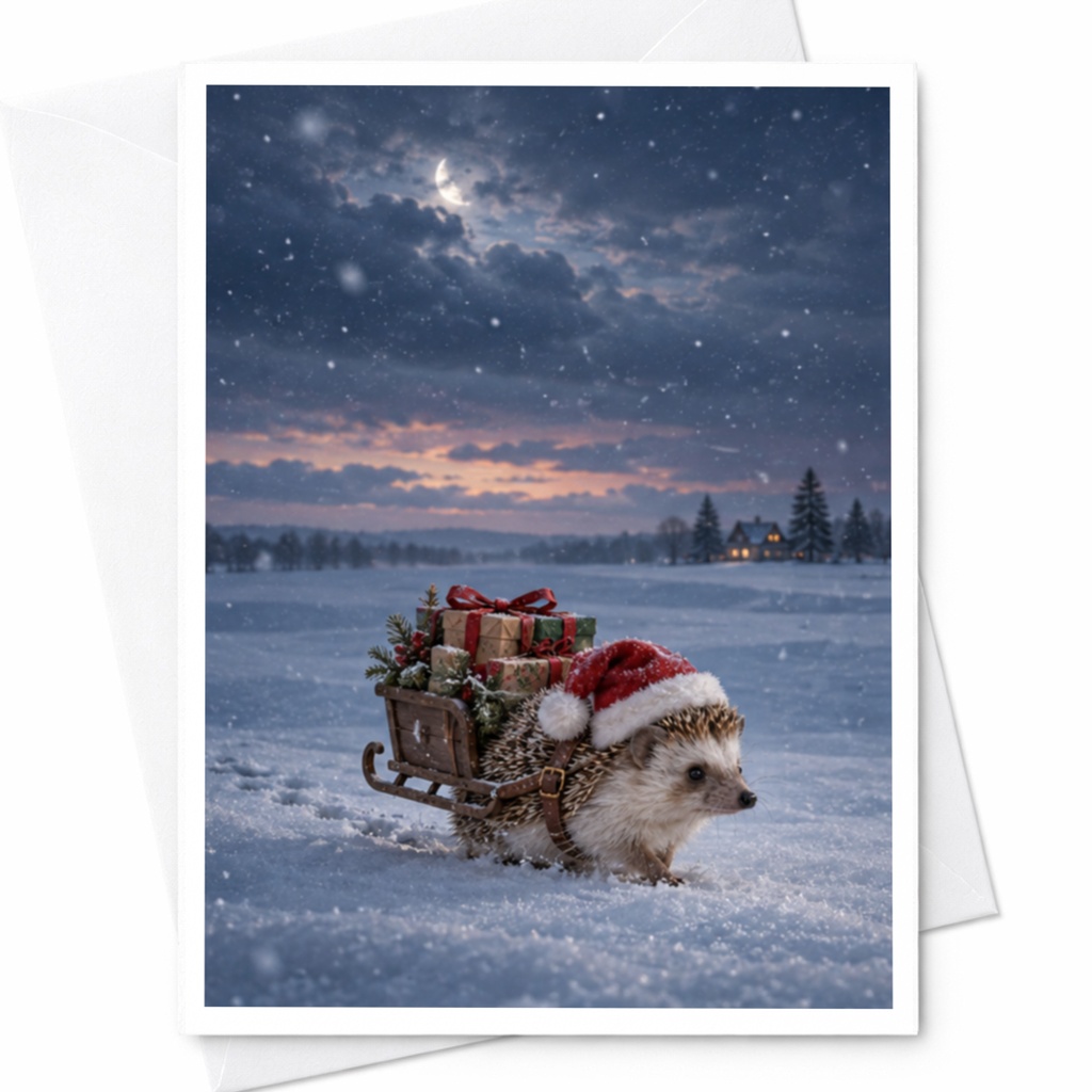 Hedgehog Christmas Card Cute Animal Holiday Greeting Card Winter Scene With Gifts For Animal Lover Festive Card C8168