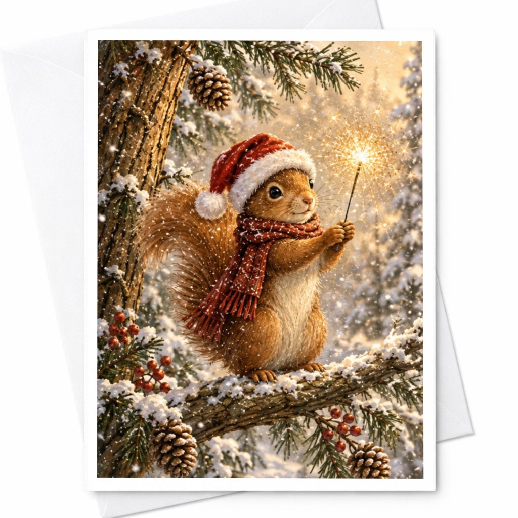 Squirrel Christmas Card Cute Animal Holiday Greeting Card Winter Scene Festive Sparkler Santa Hat For Nature Lover C8235