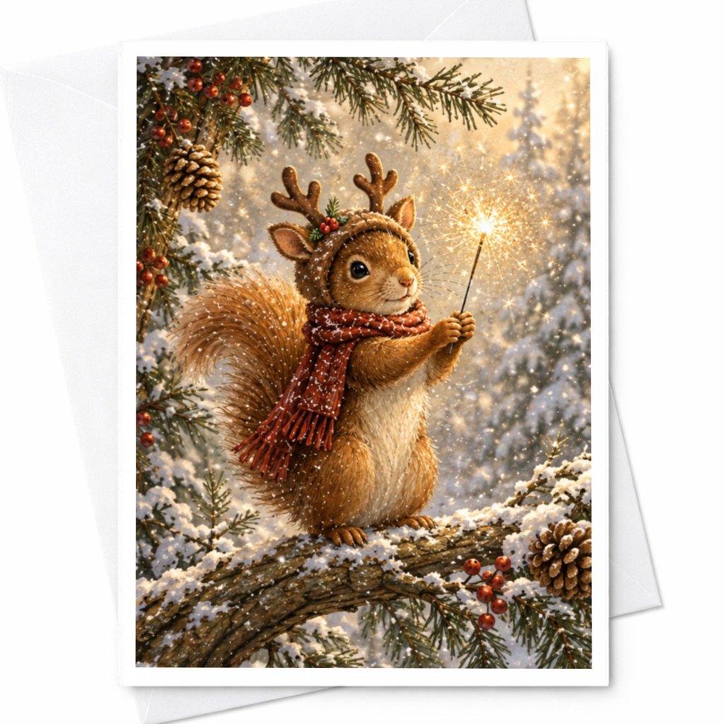 Squirrel With Antlers Christmas Card Cute Animal Holiday Greeting Card Winter Scene For Nature Lover Festive Sparkler Card C8236