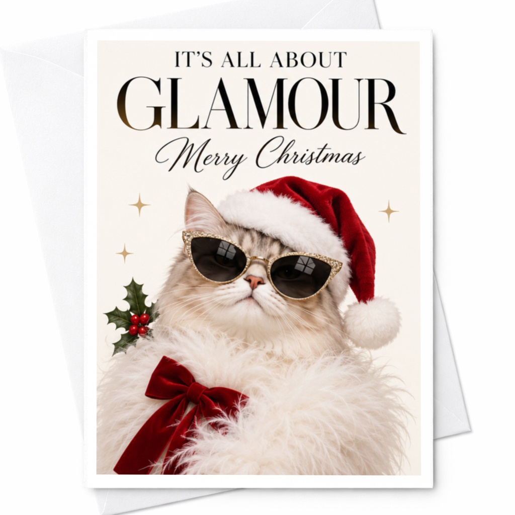 It's All About Glamour Merry Christmas Card Funny Cat Holiday Card Cute Santa Hat Cat Lover Christmas Card For Her Him C8177