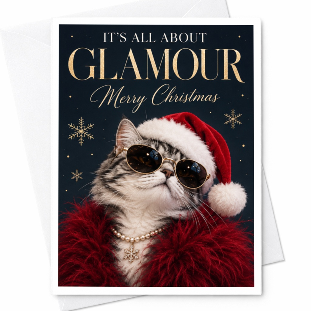 It's All About Glamour Merry Christmas Card Funny Cat With Sunglasses Santa Hat Holiday Greeting Card For Cat Lover Cute Xmas C8178