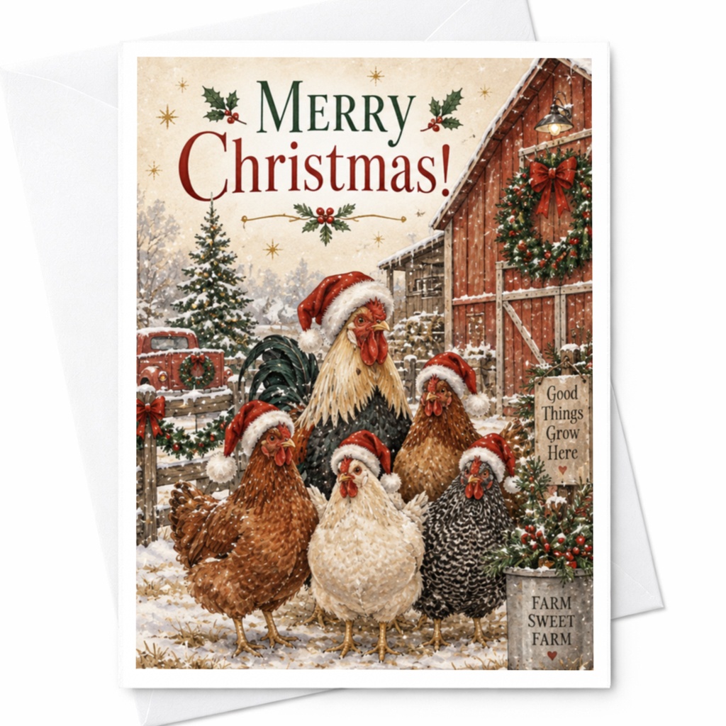 Merry Christmas! Farm Animals Christmas Card Cute Holiday Greeting Card Rooster Hen Santa Hats Festive Winter Scene C8179