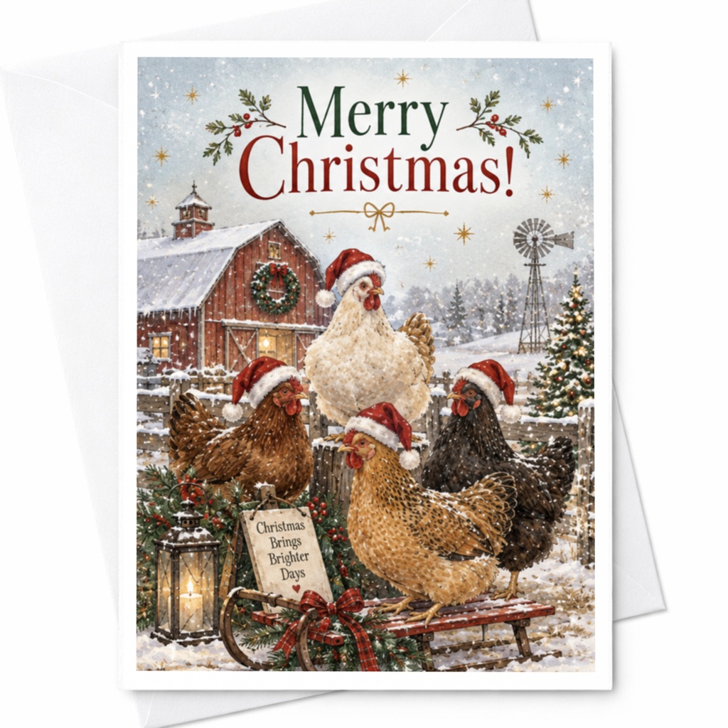 Merry Christmas! Christmas Brings Brighter Days Cute Farm Animal Christmas Card Chickens With Santa Hats Holiday Greeting Card C8180