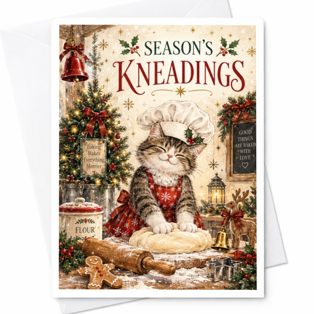 Season's Kneadings Christmas Card Cute Cat Baking Holiday Greeting Card Festive Animal Lover Card Adorable Xmas Card C8189