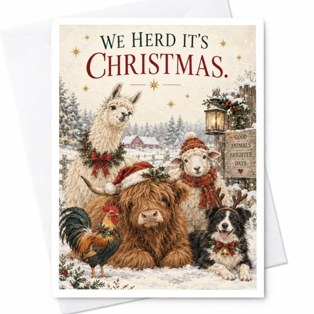We Herd It's Christmas Funny Christmas Card Farm Animals Holiday Greeting Card Cute Animal Lover Festive Winter Scene C8202