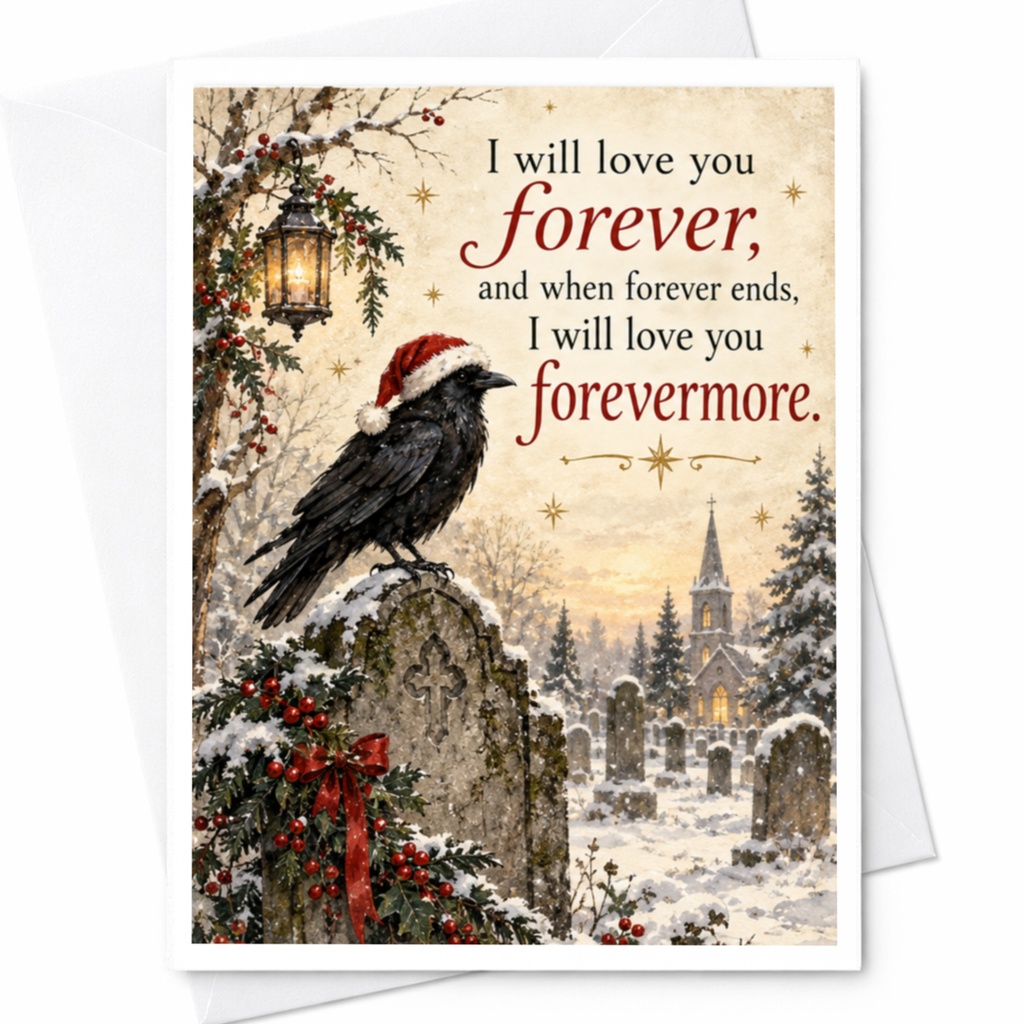 I Will Love You Forever Christmas Card Romantic Winter Scene Crow Santa Hat Holiday Greeting Card For Loved One C8207