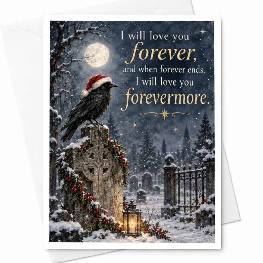 I Will Love You Forever Romantic Greeting Card Forevermore Love Card Christmas Raven Santa Hat Winter Scene C8208