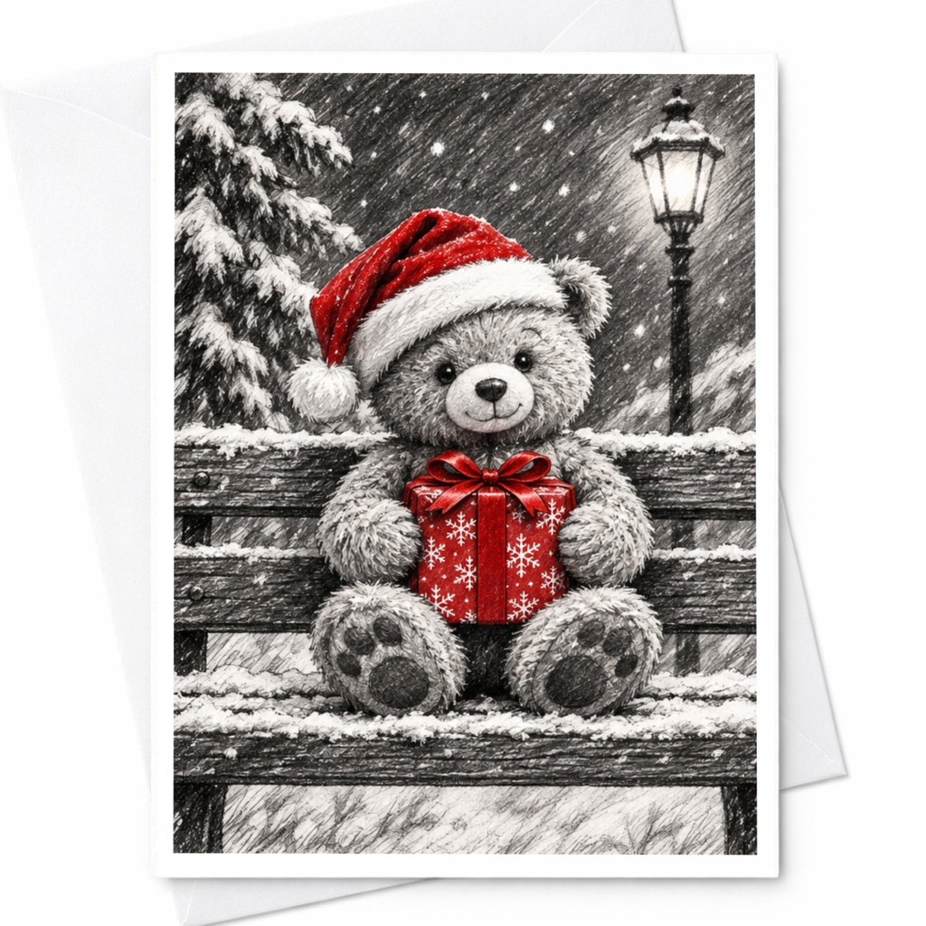Teddy Bear Christmas Card Cute Holiday Greeting Card Santa Hat Gift Winter Scene For Kids Family Festive Season C8209