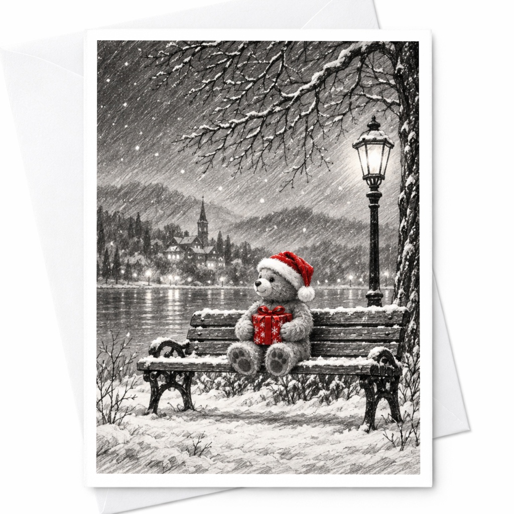 Teddy Bear Christmas Card Cute Winter Scene Holiday Greeting Card For Kids Family Festive Snowy Bench Illustration C8210
