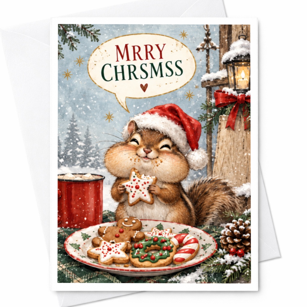 Mrry Chrsms Cute Christmas Card Chipmunk With Cookies Santa Hat Holiday Greeting Card Festive Animal Lover Card C8216