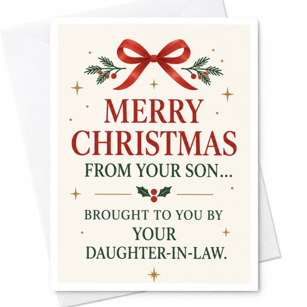 Merry Christmas From Your Son... Brought To You By Your Daughter-In-Law. Funny Christmas Card For Parents Holiday Greeting Card C8219