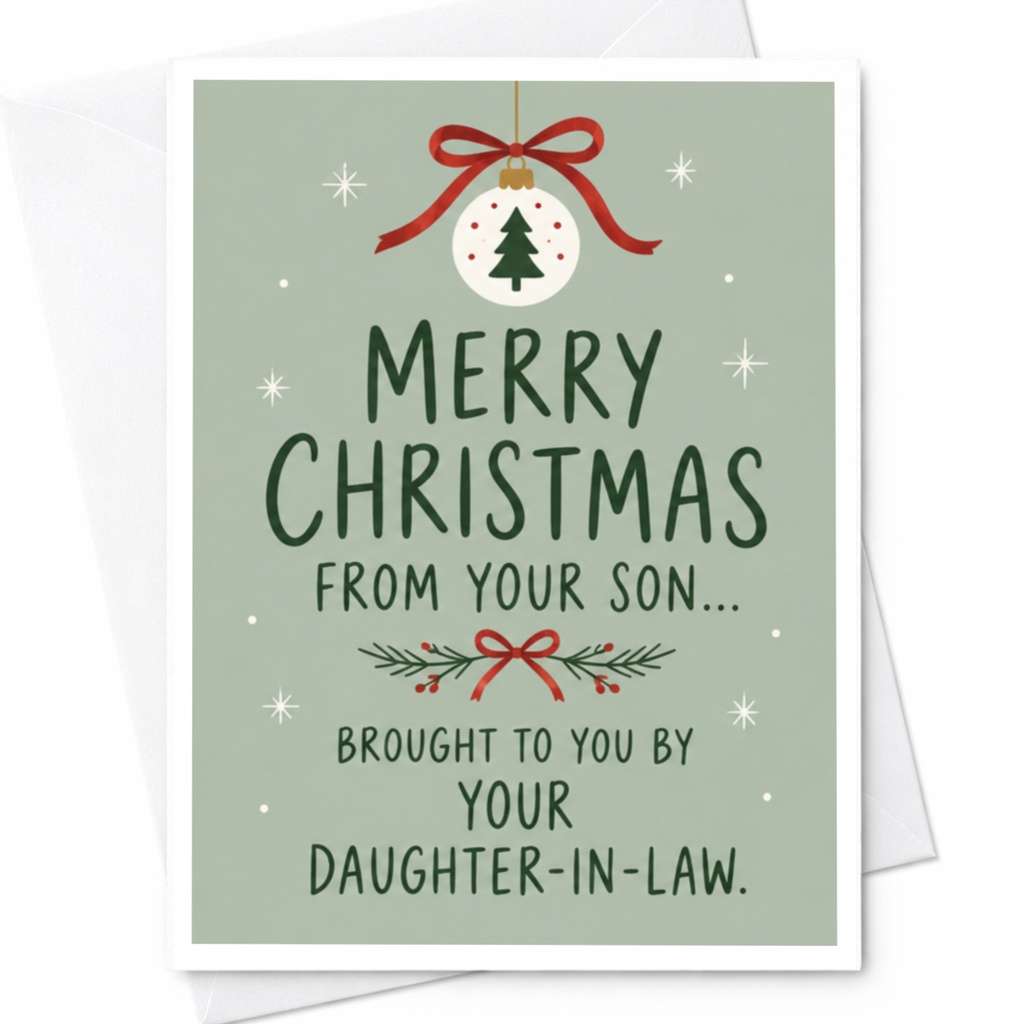 Merry Christmas From Your Son... Brought To You By Your Daughter-In-Law. Christmas Card Festive Holiday Greeting For Parents C8220