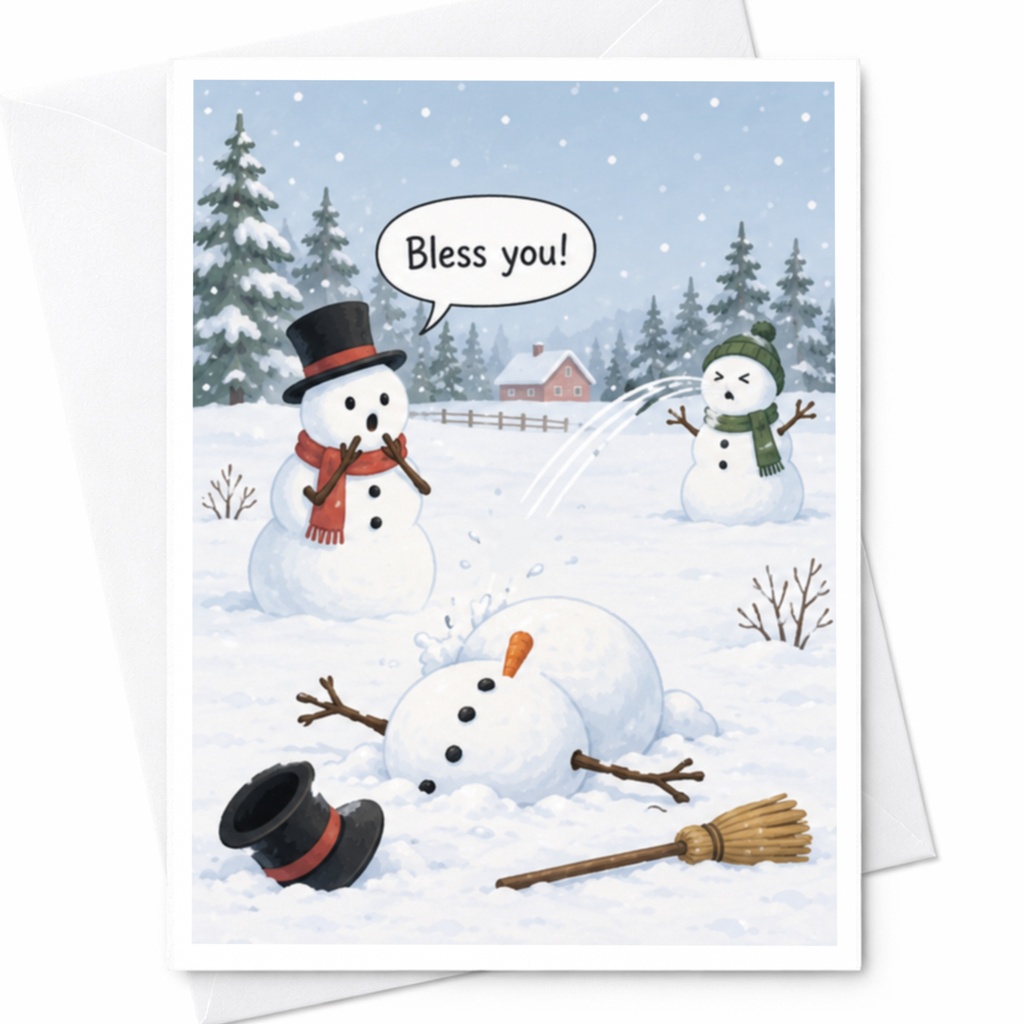 Bless You! Funny Christmas Card Snowmen Winter Scene Cute Holiday Greeting Card For Friends Family Xmas Card C8225