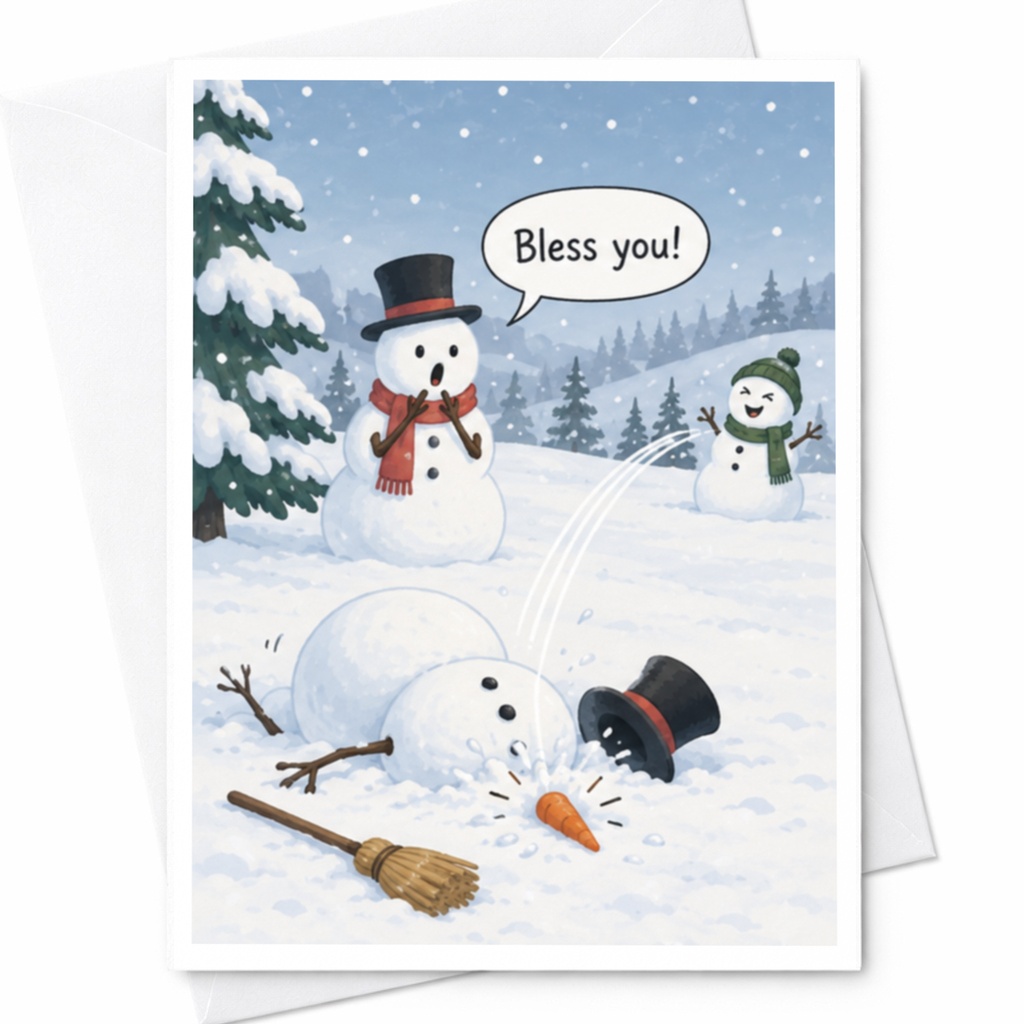 Bless You! Funny Christmas Card Snowmen Winter Scene Cute Holiday Greeting Card For Friends Family Seasonal Card C8226