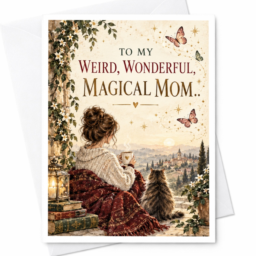 To My Weird, Wonderful, Magical Mom.. Mother's Day Card For Mom Cute Scenic View With Cat Cozy Warmth C8227
