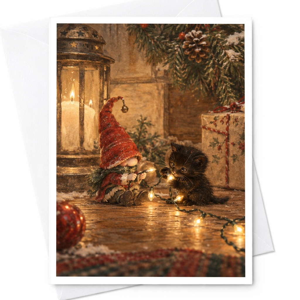 Gnome And Kitten Christmas Card Cute Holiday Greeting Card For Cat Lover Festive Winter Scene Adorable Animal Card C8231