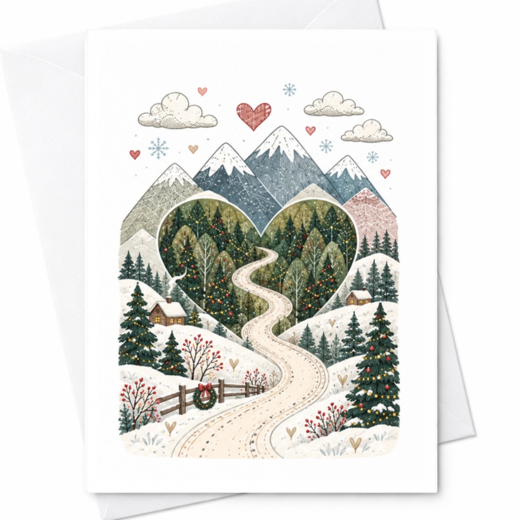 Heart Shaped Mountain Scene Greeting Card Winter Landscape Card For Nature Lover Christmas Card Cute Holiday Card C8233