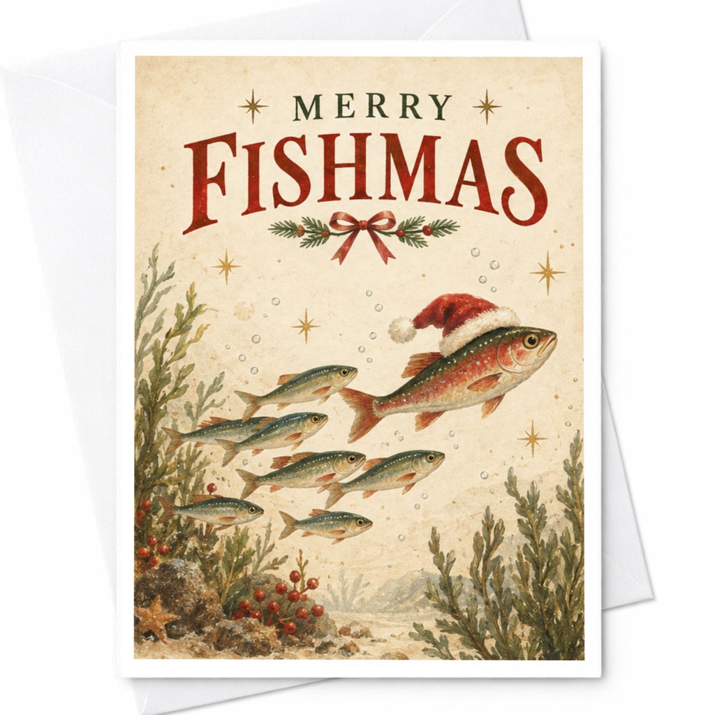 Merry Fishmas Christmas Card Funny Holiday Greeting Card Fish With Santa Hat Underwater Scene For Ocean Lover C8241