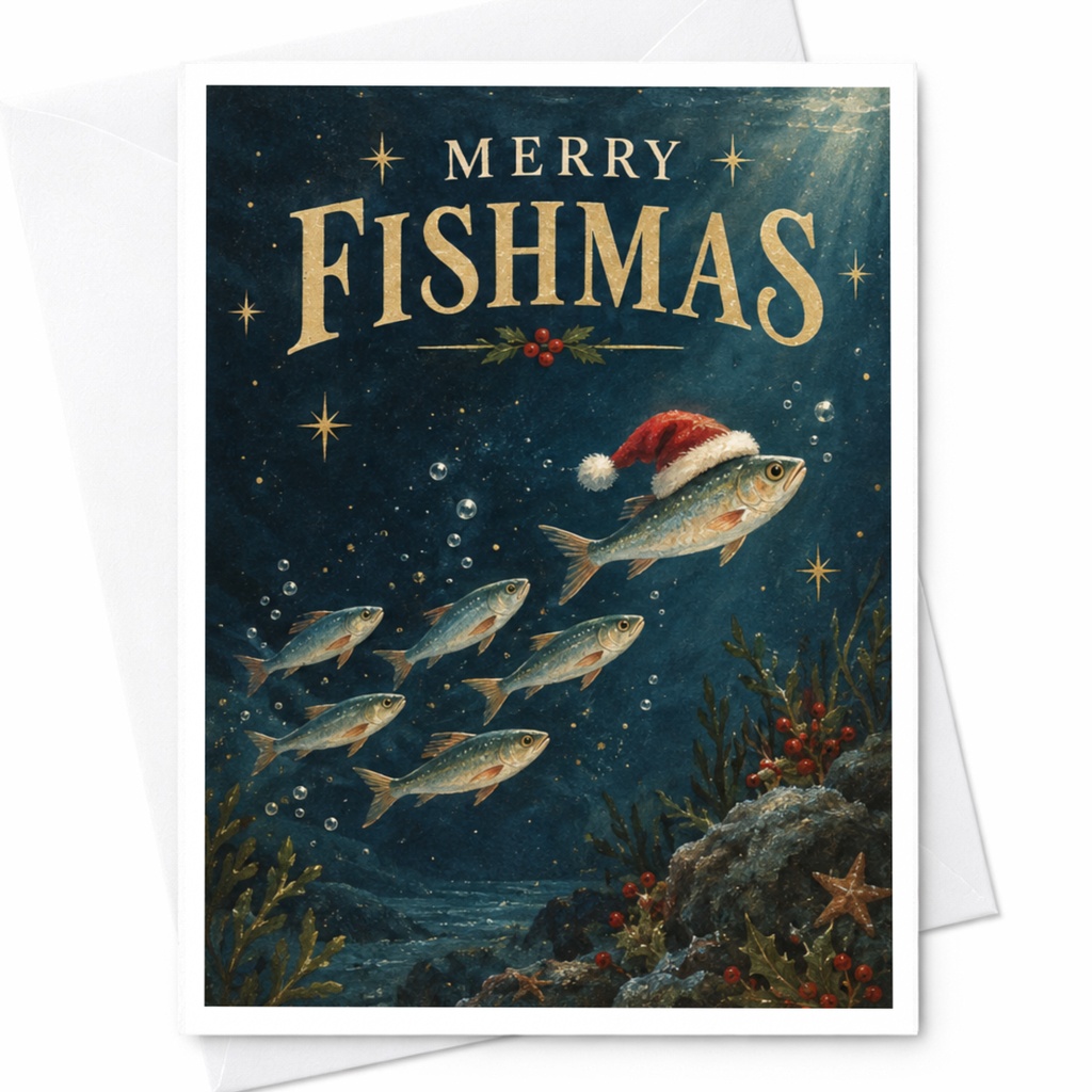 Merry Fishmas Funny Christmas Card Fish With Santa Hat Holiday Greeting Card For Ocean Lover Cute Festive Card C8242