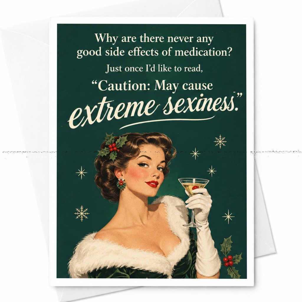 Why Are There Never Any Good Side Effects Funny Christmas Card Vintage Woman Cocktail Holiday Greeting Card For Her C8246