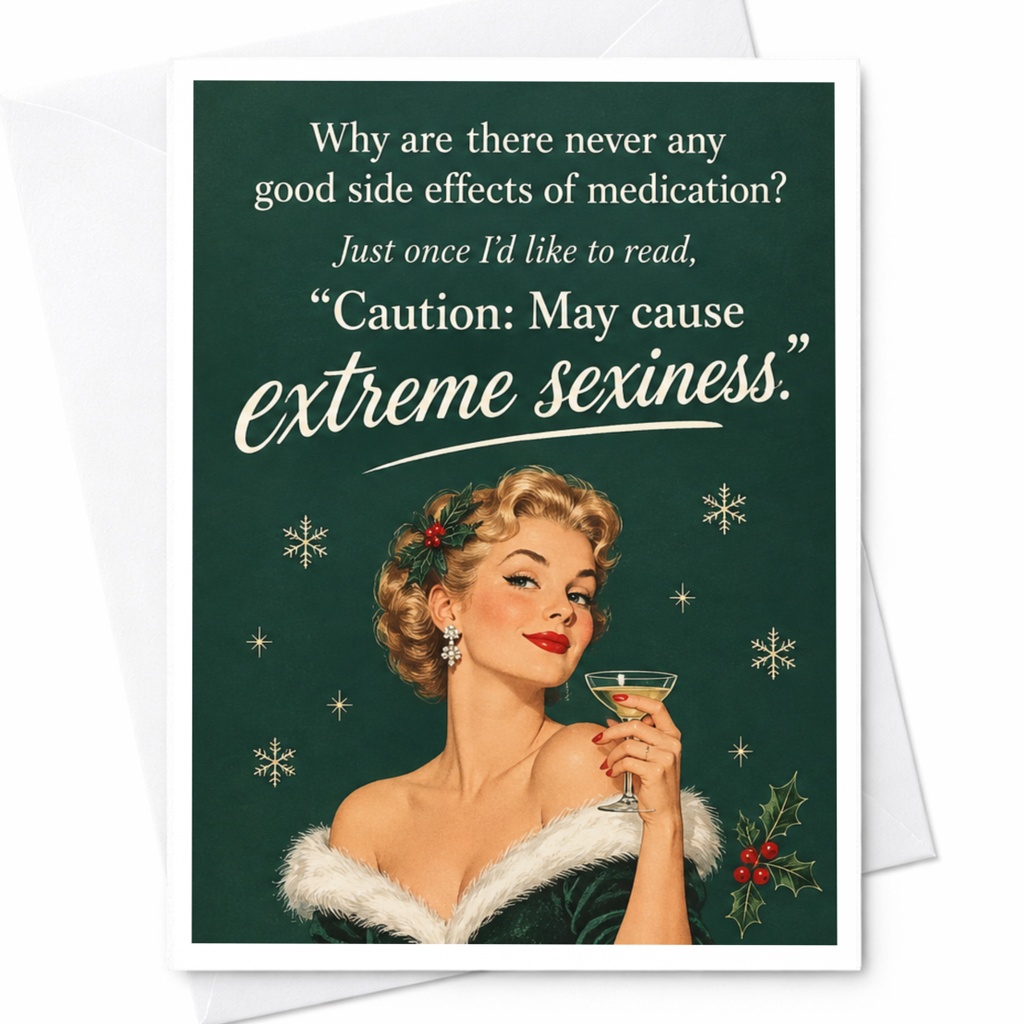Why Are There Never Any Good Side Effects? Funny Greeting Card Vintage Style Card For Her Christmas Holiday Card C8248