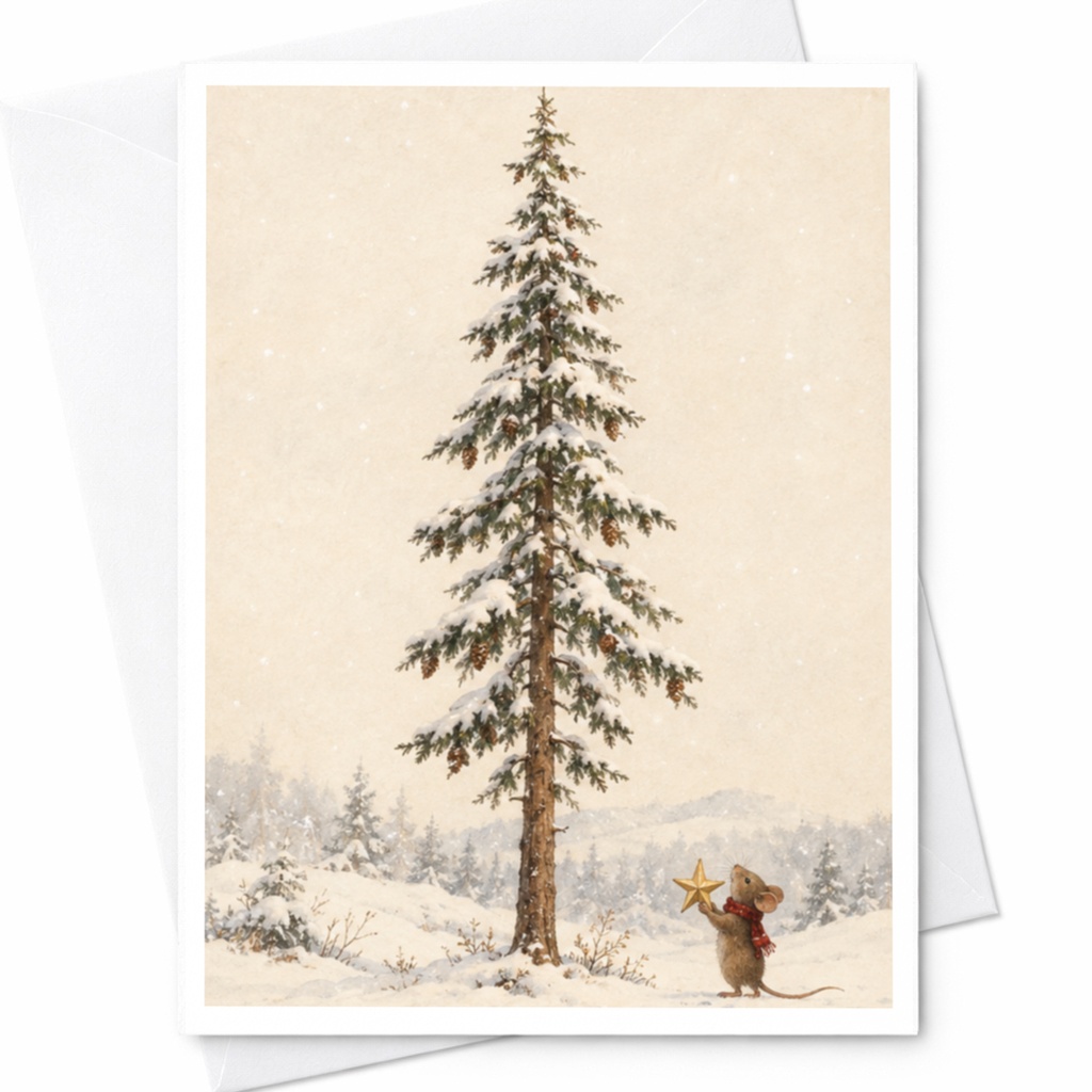 Mouse With Star Christmas Card Cute Winter Scene Holiday Greeting Card For Animal Lover Snowy Tree Festive Card C8251