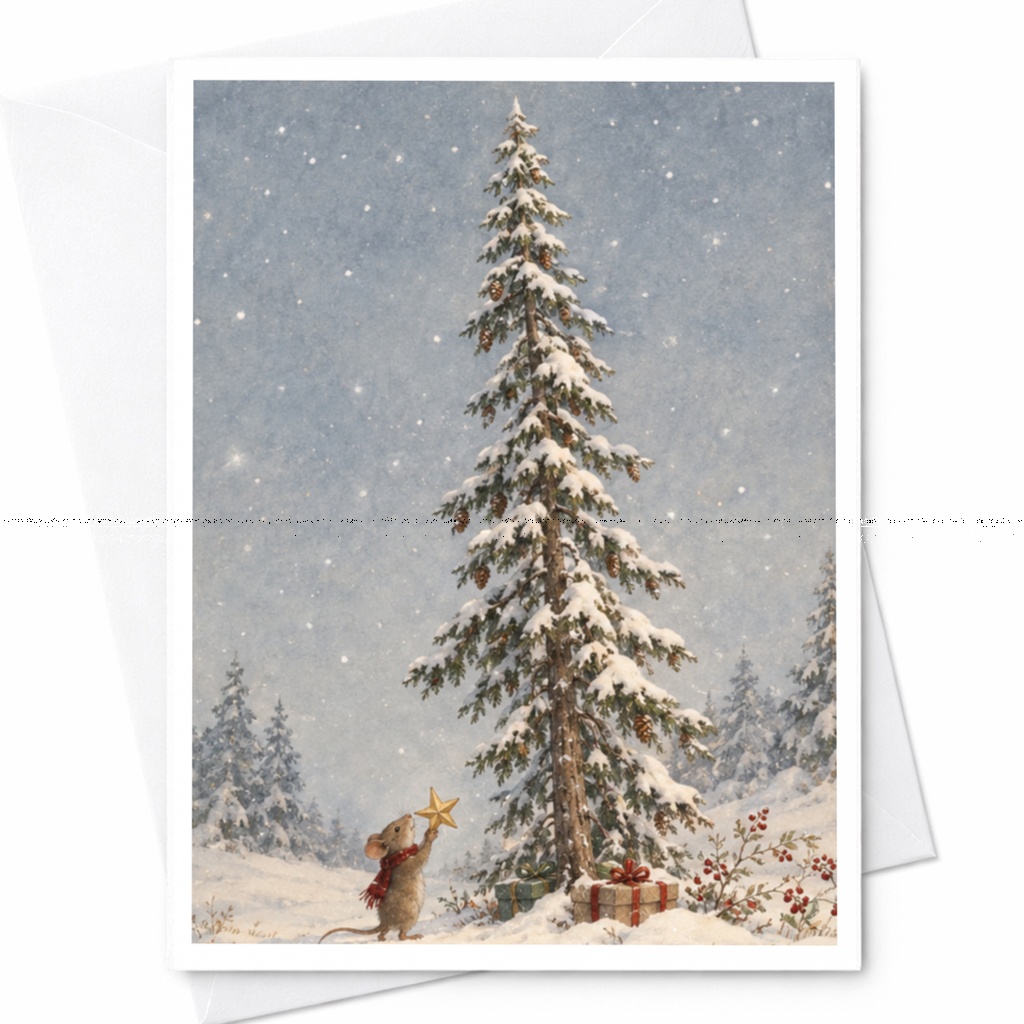 Mouse With Star Christmas Card Cute Winter Scene Holiday Greeting Card For Animal Lovers Snowy Tree Festive Card C8252