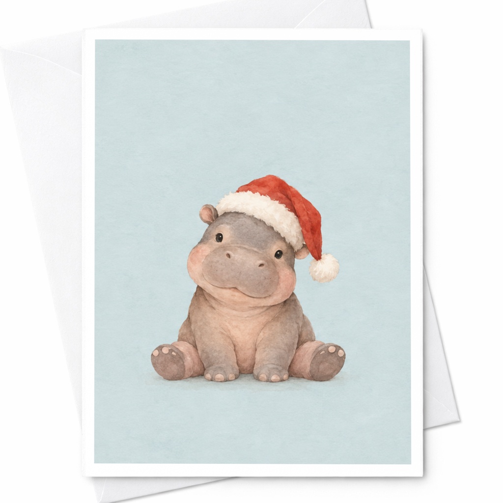 Cute Hippo Christmas Card Adorable Animal Holiday Greeting Card For Kids Santa Hat Festive Card Watercolor Art C8254