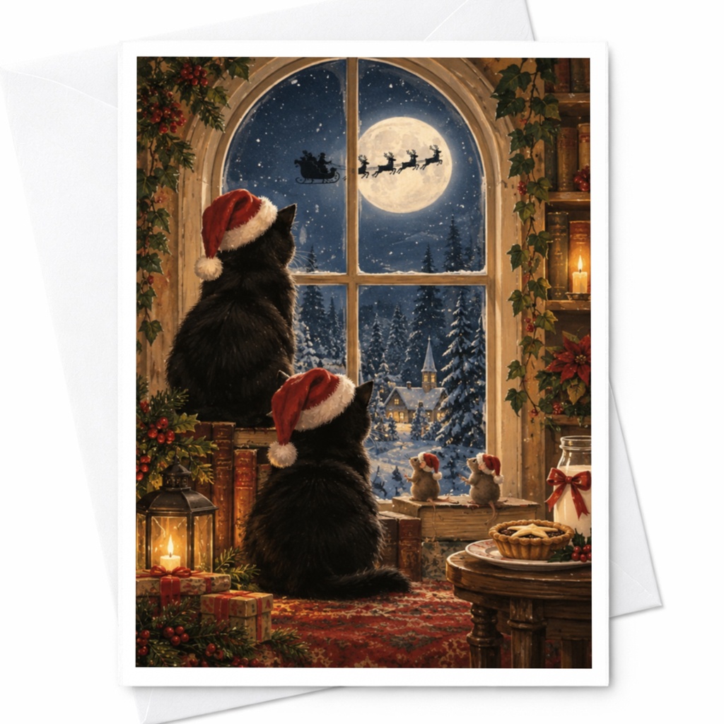Cats In Santa Hats Christmas Card Cute Holiday Greeting Card Festive Winter Scene For Cat Lover Cozy Christmas Card C8258