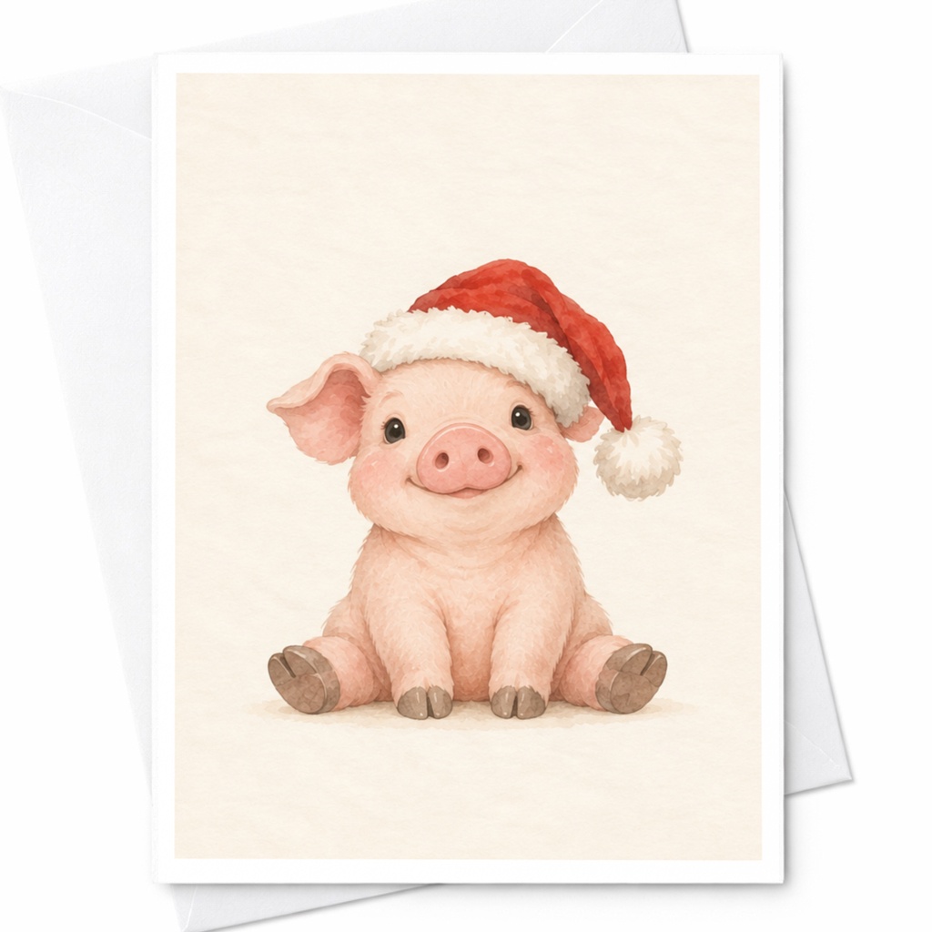 Cute Pig Christmas Card Adorable Animal Holiday Greeting Card For Kids Family Festive Santa Hat Illustration C8259