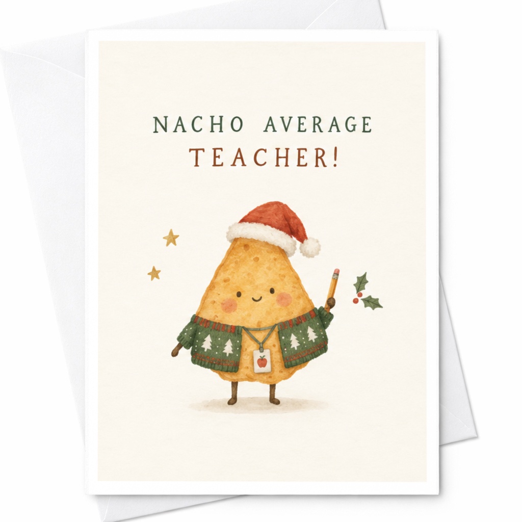 Nacho Average Teacher! Funny Christmas Card Teacher Appreciation Holiday Greeting Card Cute Nacho Character Santa Hat C8263