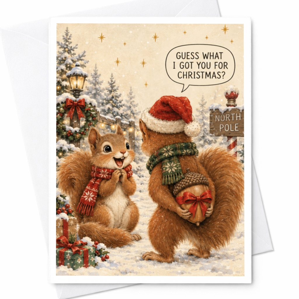 Guess What I Got You For Christmas? Cute Christmas Card Squirrels Holiday Greeting Card Festive Animal Card For Friend Family C8268