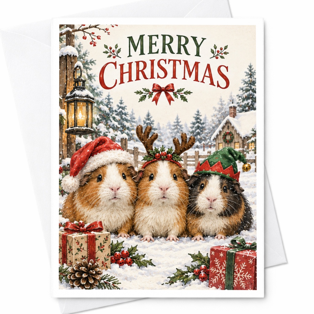 Merry Christmas Cute Guinea Pig Christmas Card Festive Holiday Greeting Card Animal Lover Adorable Winter Scene C8269
