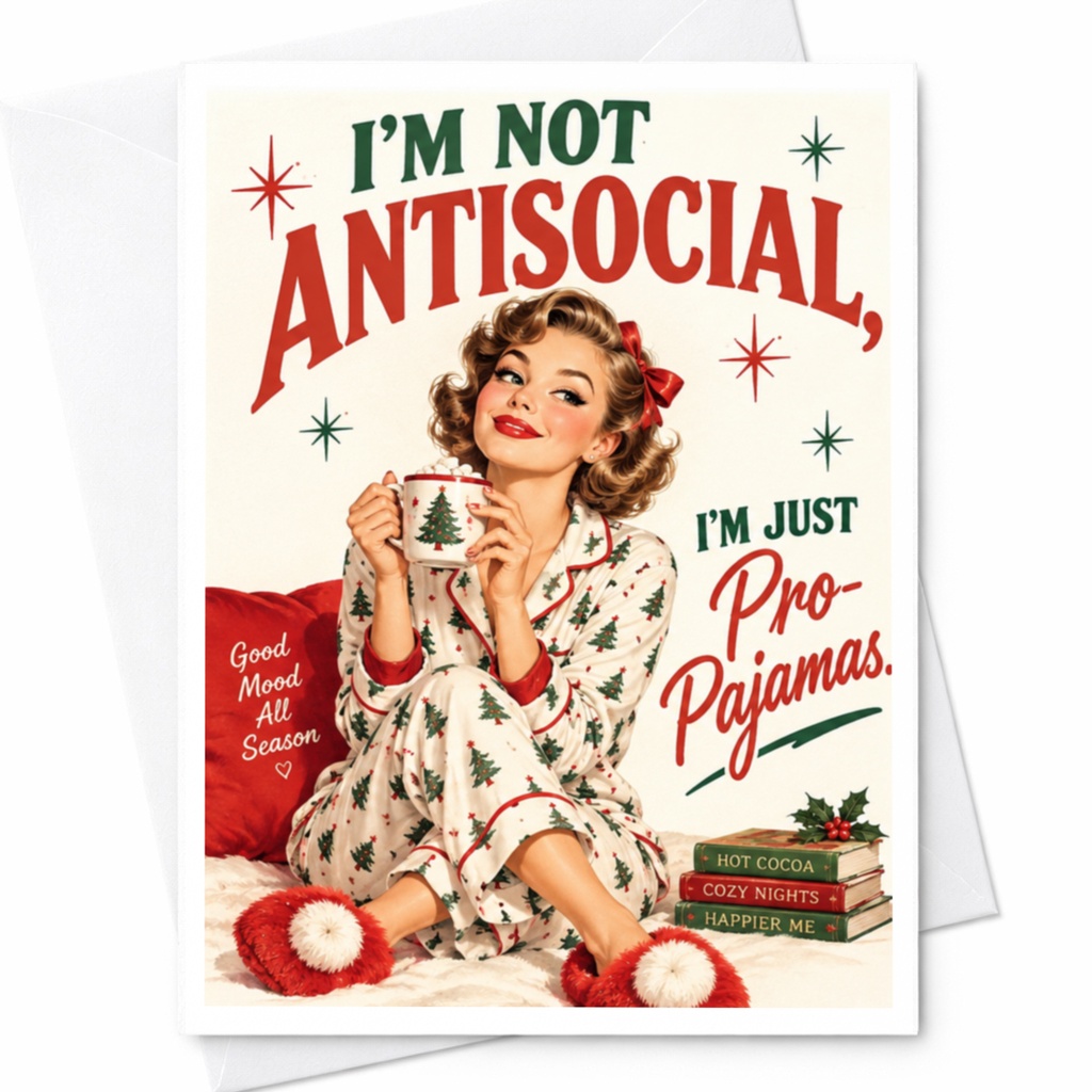I'm Not Antisocial, I'm Just Pro-Pajamas. Funny Christmas Card Holiday Pajama Lover Cozy Winter Greeting Card For Her C8271