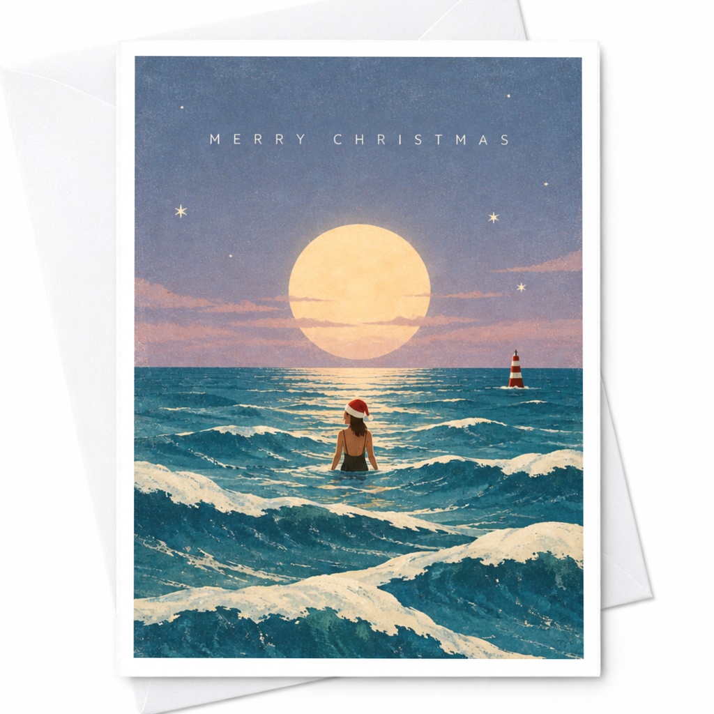 Merry Christmas Beach Scene Card Unique Christmas Card Ocean Santa Hat Holiday Greeting Card For Beach Lover C8276