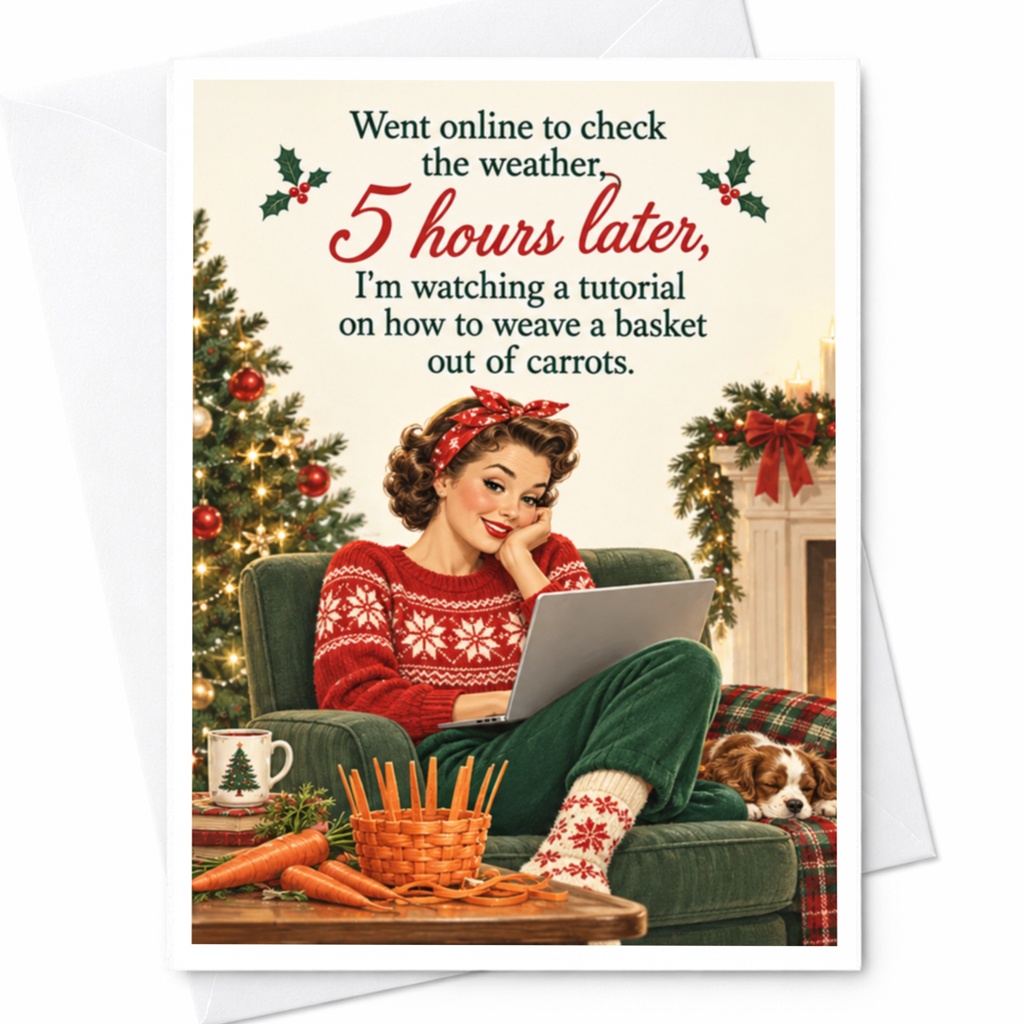 Went Online To Check The Weather 5 Hours Later Funny Christmas Card Retro Woman Holiday Cute Festive Greeting Card C8281