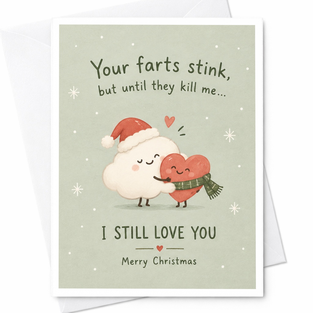 Your Farts Stink, But Until They Kill Me I Still Love You Merry Christmas Card Funny Holiday Greeting For Partner Cute Cloud Heart C8284