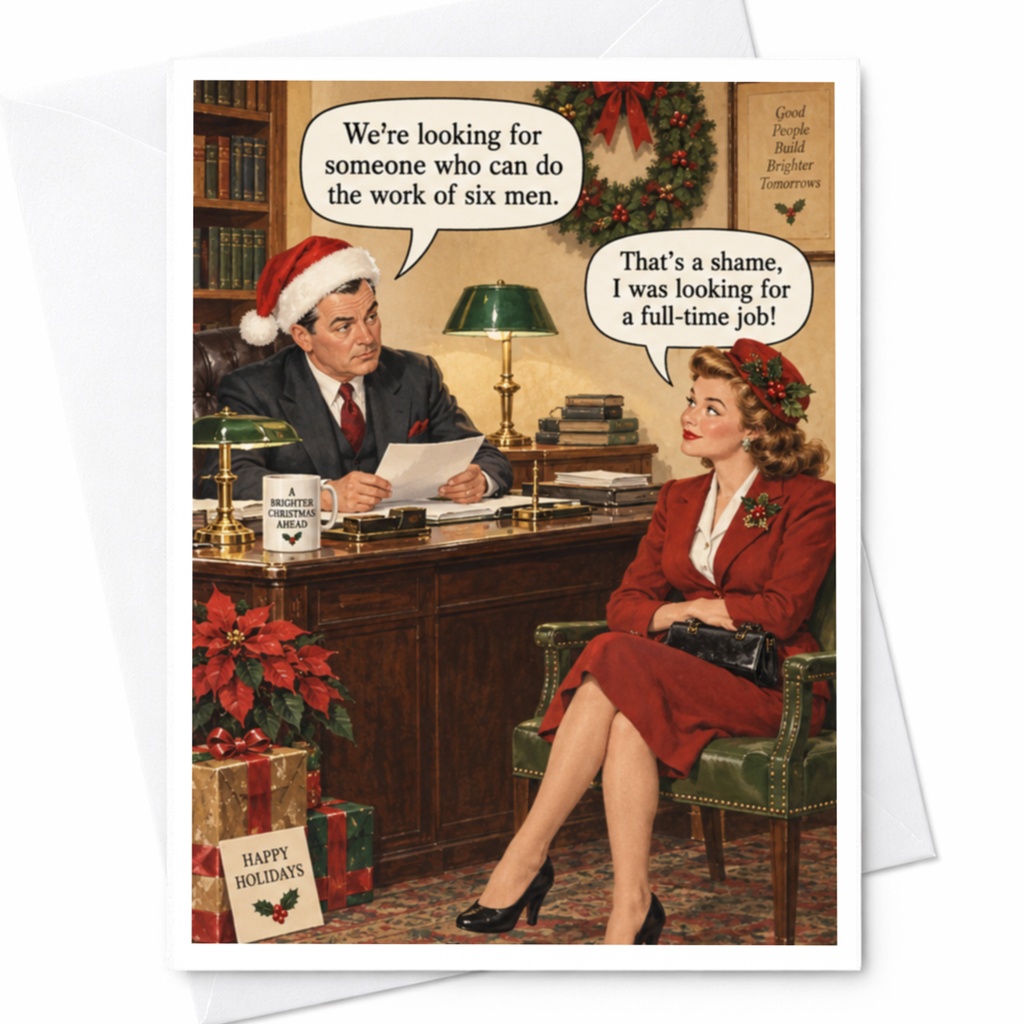 We're Looking For Someone Who Can Do The Work Of Six Men Funny Christmas Card Vintage Office Holiday Greeting Card C8239
