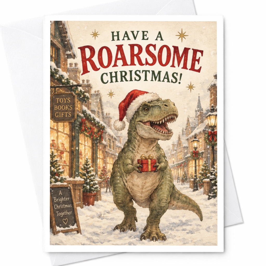 Have A Roarsome Christmas! Dinosaur Christmas Card Cute Holiday Greeting Card For Kids Fun Festive T-Rex Card With Santa Hat C8285