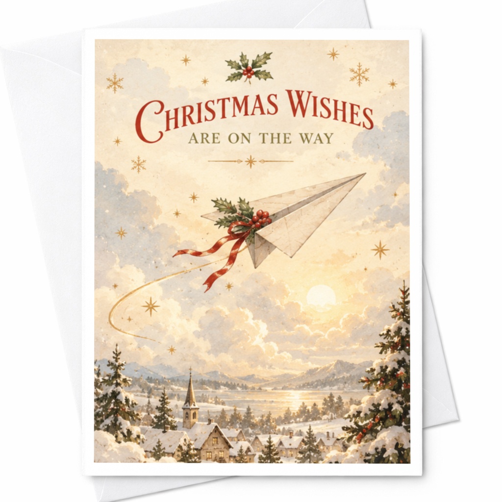 Christmas Wishes Are On The Way Christmas Card Festive Paper Airplane Holiday Greeting Card Winter Scene C8287