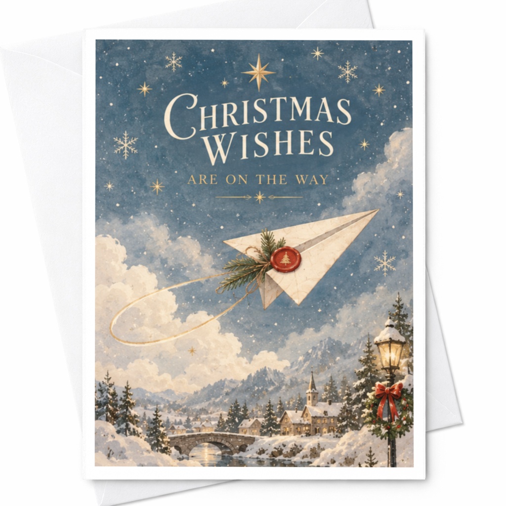 Christmas Wishes Are On The Way Christmas Card Festive Holiday Greeting Card Winter Scene Paper Airplane C8288